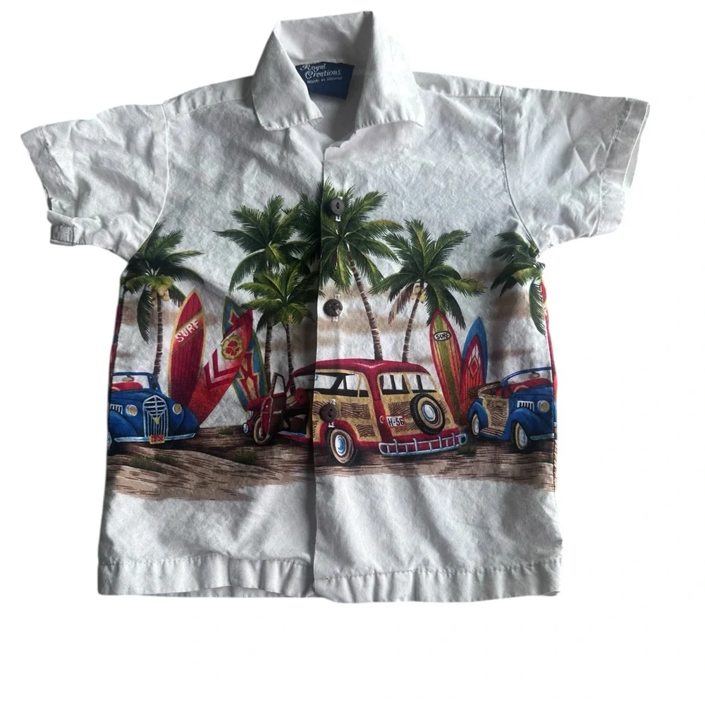 Royal Creations Boys Kids Hawaiian Shirt Car Print Made in Hawaii; Size 1; 12 mo